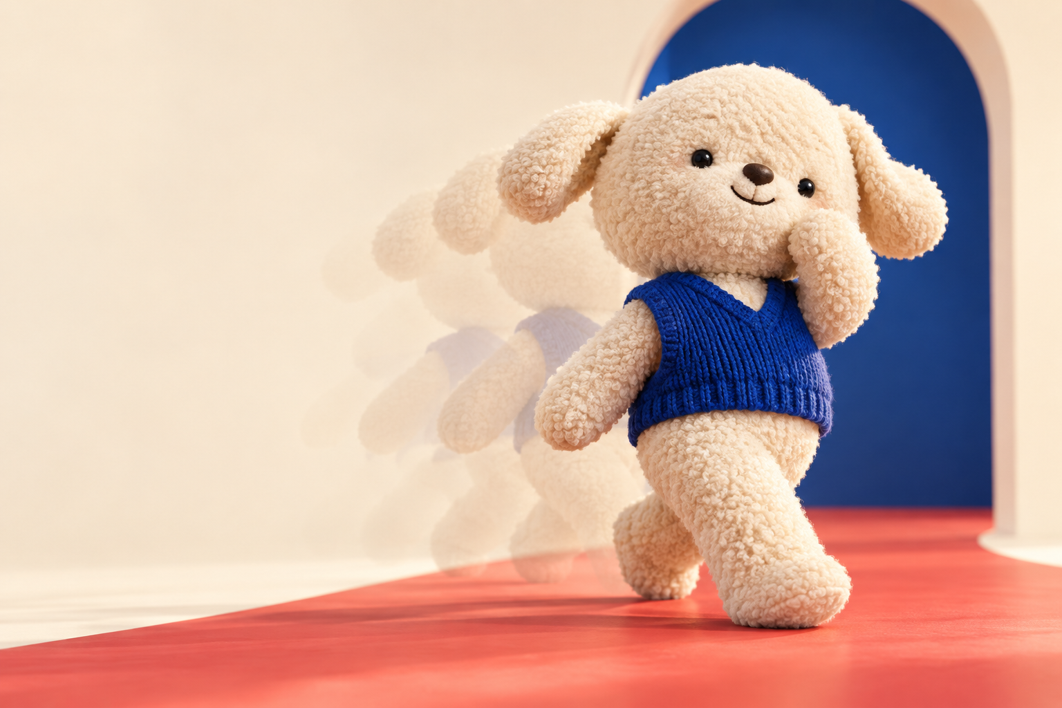 A cream plush character walking playfully through a colorful studio